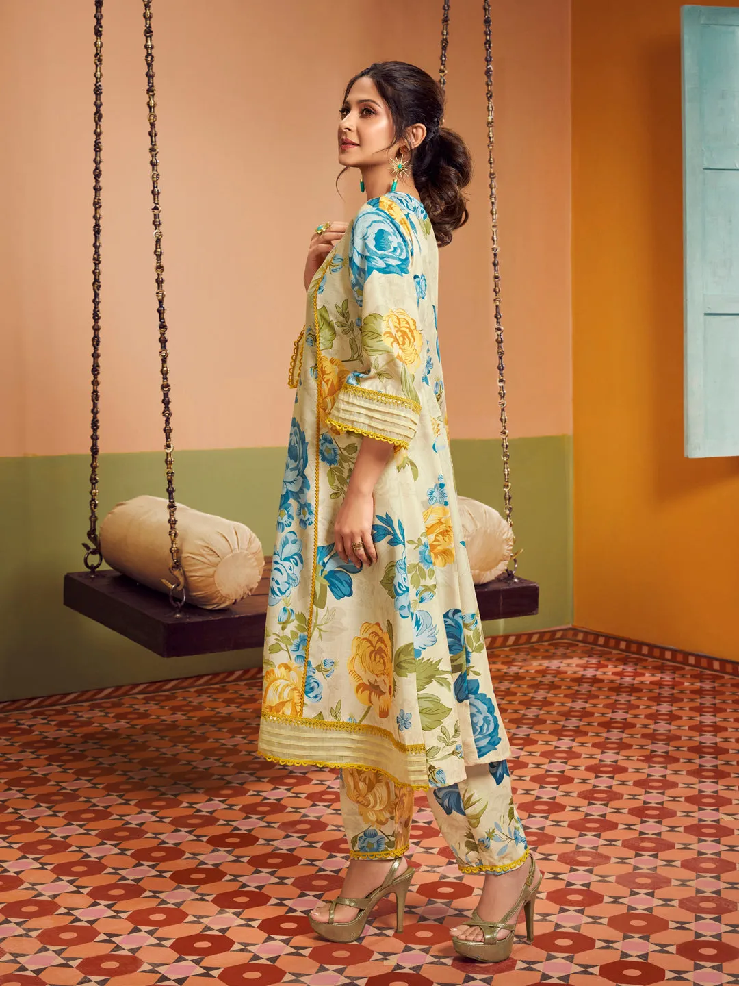 Jashvi Jennifer Winget Beige Multi Blue Yellow Floral Printed Kurta set