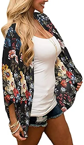 Naivikid Women's Summer Floral Print Kimonos Loose Half Sleeve Chiffon Cardigan Blouses Casual Cover Up White Red Flowers L