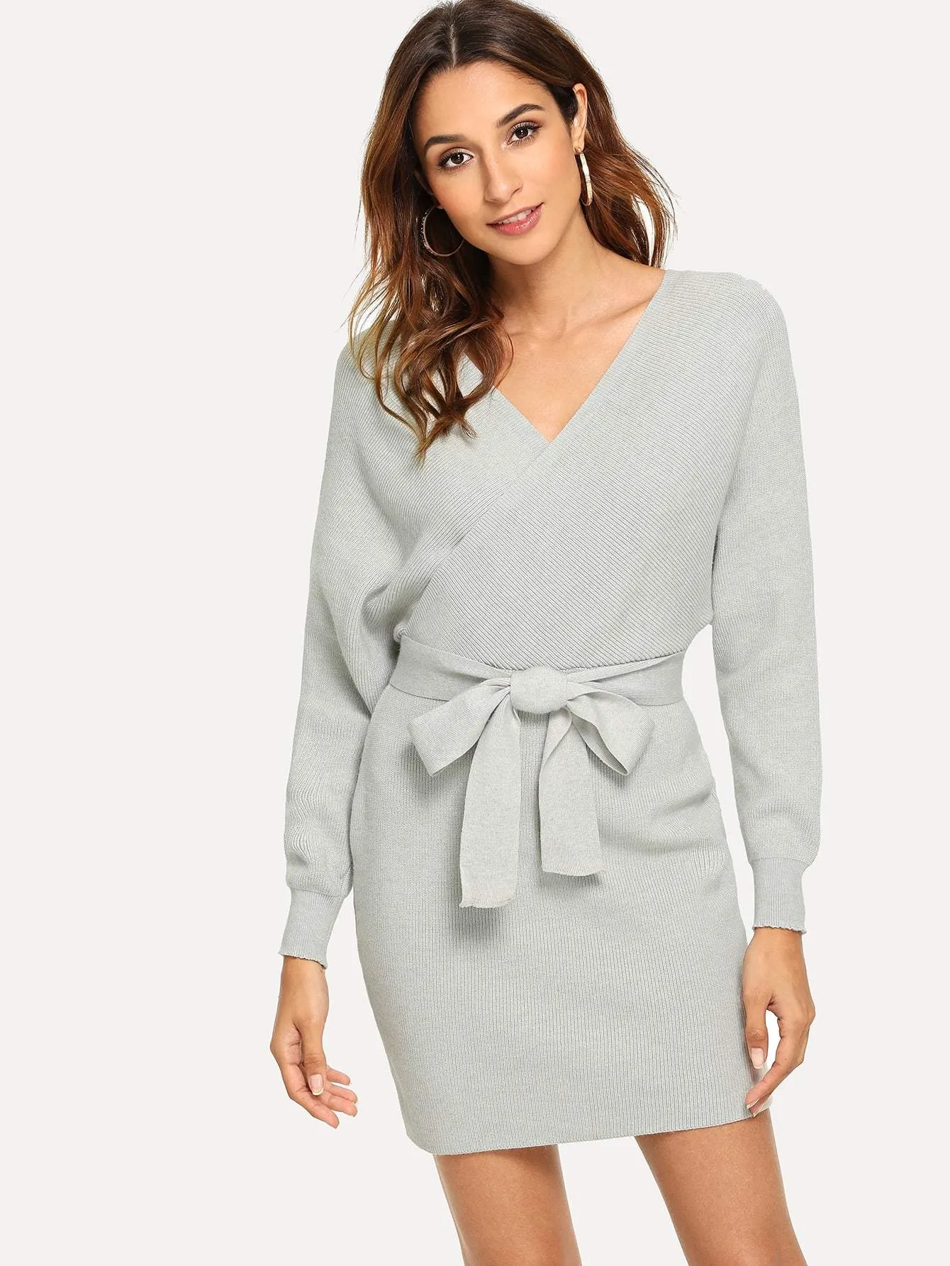Solid Wrap Front Belted Jumper Dress